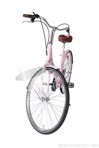 Image of Pink retro bicycle with brown saddle and handles, generic bike front view