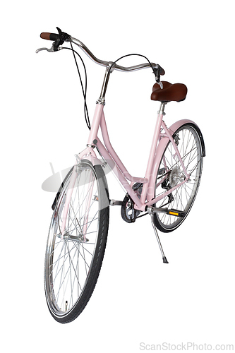 Image of Pink retro bicycle with brown saddle and handles, generic bike front view