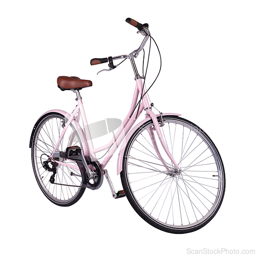 Image of Pink retro bicycle with brown saddle and handles, generic bike side view