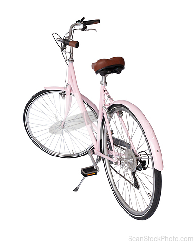 Image of Pink retro bicycle with brown saddle and handles, generic bike back view