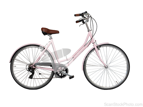 Image of Pink retro bicycle with brown saddle and handles, generic bike side view