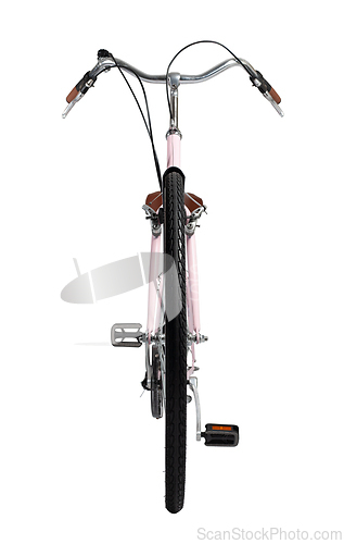 Image of Pink retro bicycle with brown saddle and handles, generic bike front view