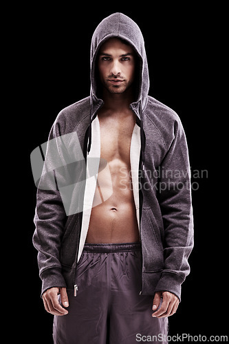 Image of Fashion, body and portrait of man in studio with hoodie, jacket or grunge style choice on black background. Streetwear, chest or confident male model posing in punk outfit, clothes and cool attitude