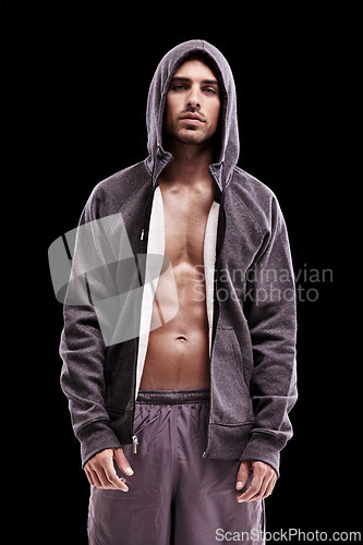 Image of Fitness, fashion and portrait of man with hoodie in studio for workout, clothes or style on black background. Gym, outfit and topless male model pose with confidence, abs and body training results