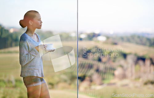 Image of Woman, coffee and thinking at window, view with drink or warm beverage for morning routine and reflection in nature. Peace, calm and espresso for caffeine, ponder life with tea cup in countryside