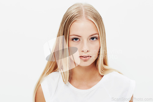 Image of Woman, portrait and beauty with treatment, face and model for skincare, cosmetics on white background. Makeup, vision or headshot with shine, wellness or clean for glow, dermatology or mockup space