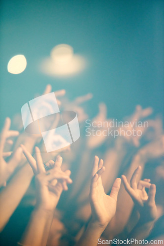 Image of Rock concert, crowd and people with music and hands with musician, excitement and fans. Group and shouting with audience, festival and party with celebration, entertainment or social with performance