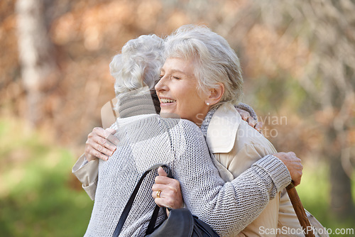 Image of Nature, smile and senior friends hugging for support, bonding or care in outdoor park or garden. Happy, love and elderly women in retirement embracing for greeting, connection or trust in field.