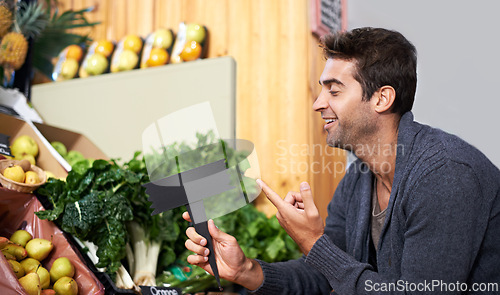 Image of Barcode check, food or man shopping at a supermarket for grocery promotions, sale or discounts deal. Price marker, machine or customer buying groceries for healthy diet, organic vegetables or spinach