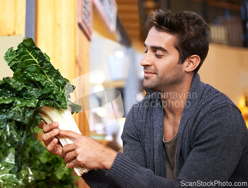 Image of Spinach, choice and man shopping at a supermarket for grocery promotions, sale or discounts deal. Green plants, fresh or customer buying groceries for healthy nutrition, organic vegetables or diet