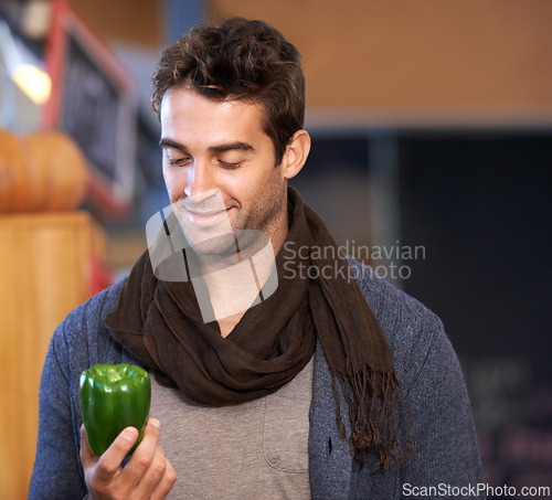 Image of Pepper, food or man shopping at a supermarket for grocery promotions, sale or discounts deal. Smile, check or customer buying groceries for healthy nutrition, organic vegetables or diet with choice