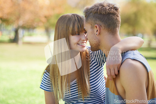 Image of Nature, park and happy couple with love, eye contact or smile for romantic date in natural garden. Marriage, connection and relax boyfriend, girlfriend or people bonding together in sweet moment