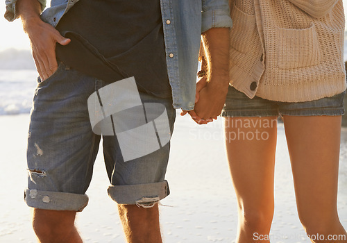 Image of Beach, romance and couple holding hands on relax walk, nature journey or travel vacation in Peru. Love, relationship and closeup of marriage partner, soulmate or people bonding together in nature