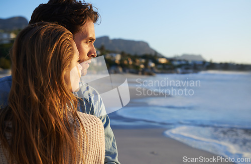 Image of Beach, romantic love and couple with view, outdoor wellness or travel vacation in Greece. Mockup space, relationship and face of marriage partner, soulmate or people looking at nature, sea or ocean