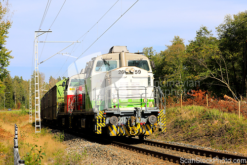 Image of Two Diesel Locomotives Pulling Freight Train