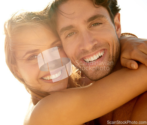 Image of Woman, man and portrait in summer for embrace or outdoor nature for holiday adventure, vacation or environment. Happy couple, face and smile in sunshine for travel explore or peace, bonding or hug