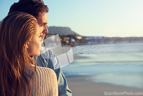 Image of Beach sunset, love and face of couple with view, outdoor wellness or travel vacation in Greece. Mockup space, commitment and relax people looking at nature, sea or ocean on weekend break together