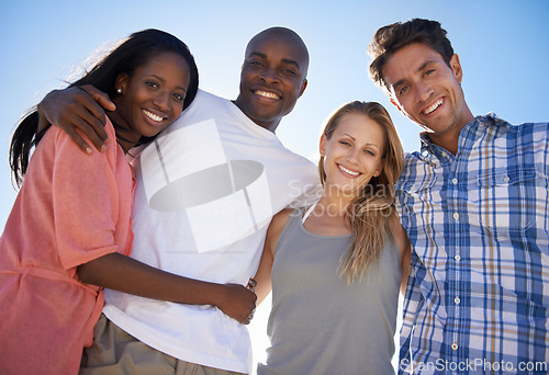 Image of Double date, sky or portrait of happy couple of friends on outdoor holiday vacation trip together in summer. Group, diversity or men with women, smile or love to relax in nature for hug or travel