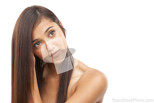 Image of Hair care, woman and beauty or thinking in studio with keratin treatment, soft texture and shampoo shine on mockup. Model, person and face with hairstyle ideas, cosmetics and glow on white background