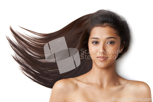 Image of Hair care, woman and portrait or happy in studio with keratin treatment, soft texture and shampoo shine. Model, face and beauty with hairstyle results, cosmetics and collagen glow on white background