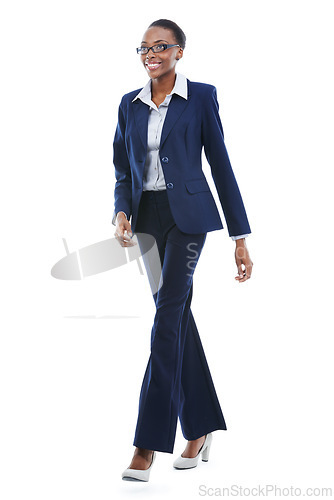 Image of Walking, lawyer and happy black woman in studio isolated on a white background with smile. African manager, legal business and professional attorney in suit for career in Kenya with pride or fashion