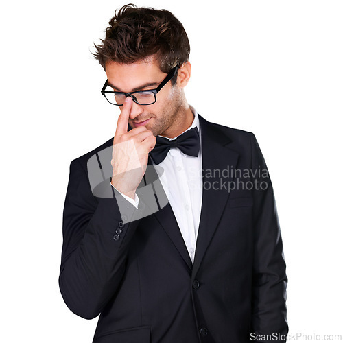 Image of Studio, fashion and man with tuxedo, glasses and formal evening wear for elegant outfit on white background. Suit, confidence and aesthetic model with classy outfit, fancy clothes and fix eyeglasses