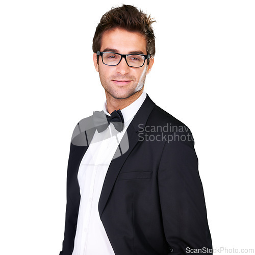 Image of Fashion, confidence or man with tuxedo, suit and glasses for formal wear, elegant outfit or apparel on white background. Blazer, studio or model smirk with classy suit, fancy clothes and eyeglasses