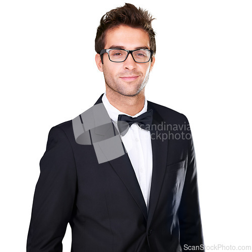 Image of Studio portrait, fashion and confident man in tuxedo, formal evening wear or elegant outfit on white background. Suit, glasses and aesthetic model with classy outfit, fancy clothes and classic style