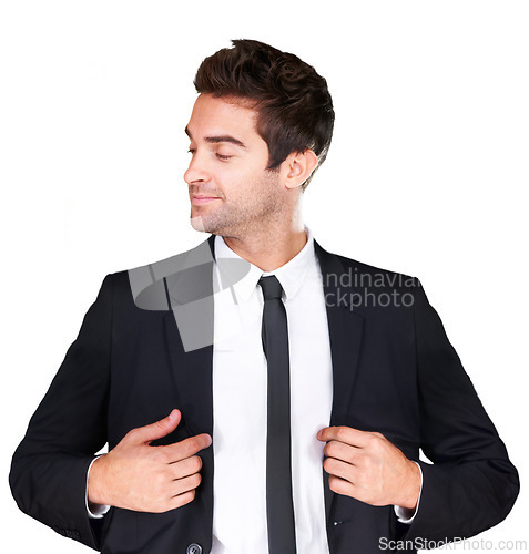 Image of Studio, fashion and man confident in tuxedo choice, formal attire or stylish outfit isolated on white background. Pride, elegance and model with classy outfit, fancy clothes and classic apparel