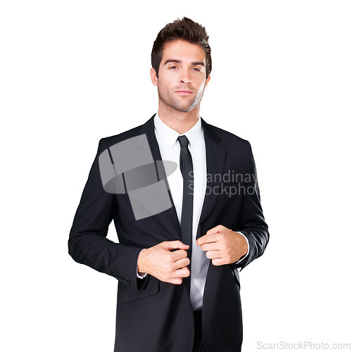 Image of Studio, fashion and man serious in tuxedo, formal evening wear or elegant outfit isolated on white background. Suit, attitude and gentlemen with classy blazer, fancy clothes and classic apparel style