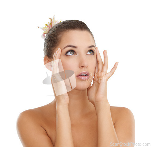 Image of Skincare, thinking and hands on face of woman in studio with wellness, cosmetics or results on white background. Natural beauty, questions or lady model planning, solution or facelift treatment idea