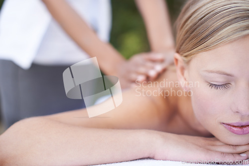 Image of Woman, masseuse and therapist to relax, back and spa for treatment and stress relief therapy. Sleeping, massage and wellness in resort, peaceful and hands for luxury, body care and tranquility