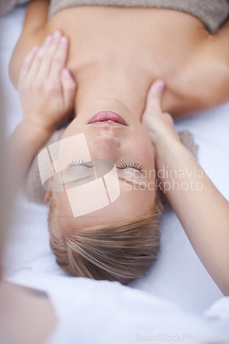 Image of Woman, massage and therapist to relax, neck and spa for treatment and stress relief therapy. Sleeping, masseuse and wellness in resort, peaceful and hands for luxury bodycare and tranquility