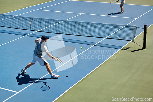 Image of Sport, people and tennis on court with game, competition and performance outdoor with fitness and energy. Athlete, player and ball on turf for training, exercise and racket with fun, action and hobby