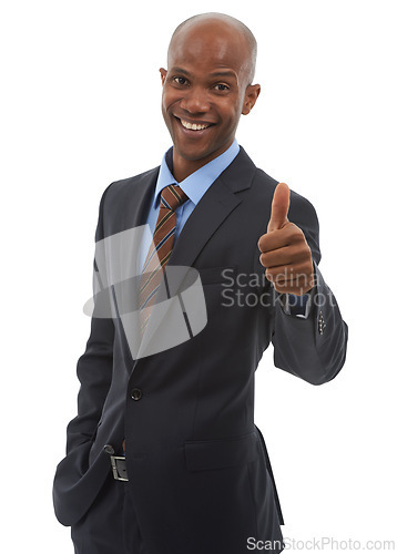Image of Happy businessman, portrait and thumbs up for good job, success or thank you on a white studio background. Face of black man or employee smile with like emoji, yes sign or OK for business agreement