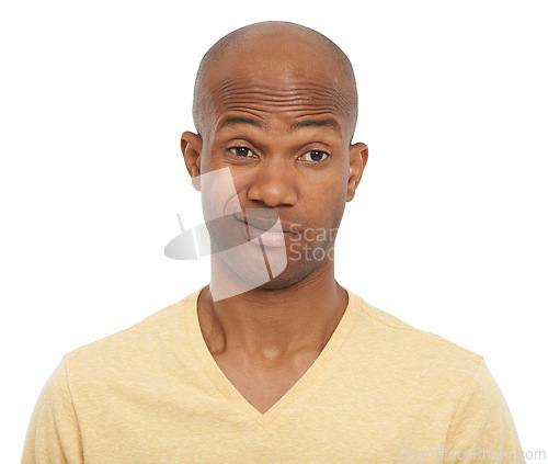 Image of Why, confused and black man with choice, thinking and guy isolated on white studio background. African person, decision and model with ideas, opportunity and questions with review, doubt and emoji