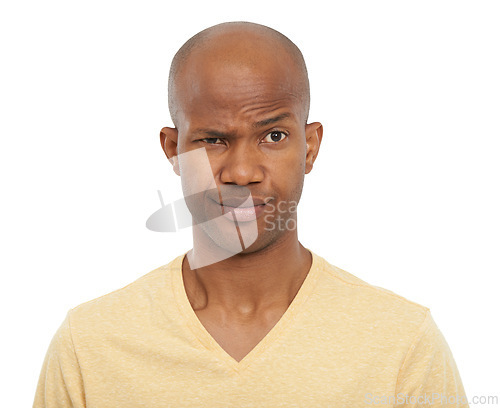 Image of Portrait, thinking and confused with black man, doubt and expression isolated on white studio background. Face, African person and model with emoji, reaction and facial with mockup space and question