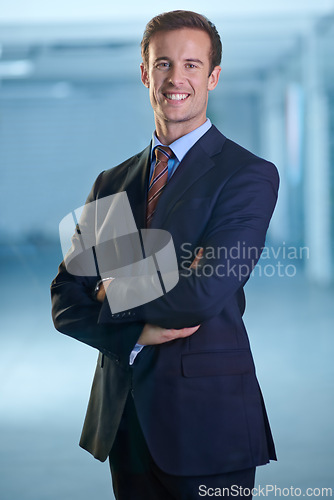 Image of Portrait, smile and business man with confidence for pride in corporate career in office. Face, arms crossed and happy professional lawyer, attorney and employee in a suit at a company in Australia