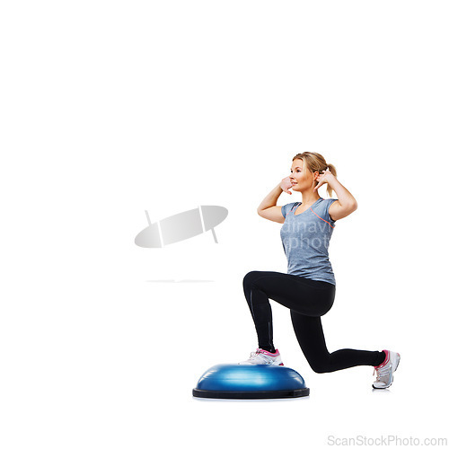 Image of Woman, studio and lunge for exercise, ball or balance for legs, muscle development or profile by white background. Person, workout and training with mock up space for vision, wellness or healthy body