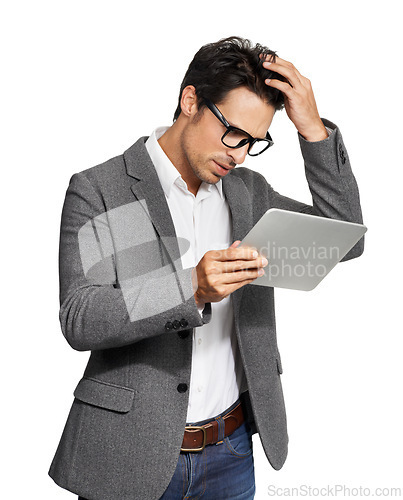 Image of Confused, thinking and business man with tablet in studio for email, review or bad feedback on white background. Stress, anxiety and male entrepreneur with digital app fail, glitch or 404 disaster