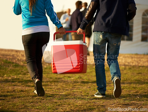 Image of Back, people and cooler box with music festival, party and event with celebration, concert and picnic. Outdoor, friends or fun with nature, camping and happy with closeup, walking or social gathering