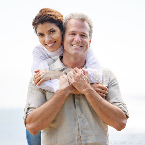 Image of Mature, couple and hug in portrait outdoor on holiday, vacation or relax in morning with mockup space. Happy, woman and man with love, respect or gratitude for marriage together with smile in summer