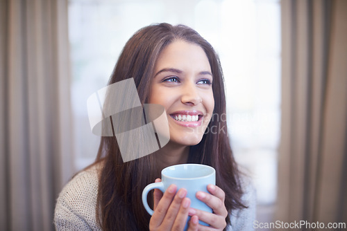 Image of Happy woman, thinking and coffee in living room, future or daydream for inspiration and positivity in apartment. Smile, excited with tea and mindfulness with insight, ideas and drink espresso at home