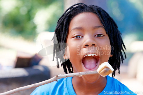 Image of Boy, camping and happy for marshmallow in portrait, hungry and fire for roast candy in forest. African child, summer break and smile on face for sugar snack, hiking and nature for holiday adventure