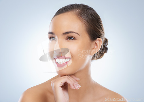 Image of Smile, makeup and young woman in studio with natural, cosmetic and face routine with red lipstick. Self care, confident and female model with facial cosmetology treatment by gray background.