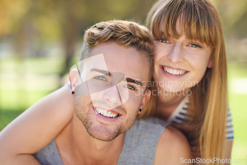 Image of Portrait, sunshine and couple with love, hug and happiness with marriage and bonding together. Face, embrace and man with woman and relationship with romance and outdoor for a date with fun in a park