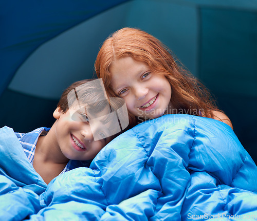 Image of Love, portrait and children hug with blanket for camping, comfort and bonding outdoor together. Happy family, face and kids outside for journey, fun and adventure in a forest for vacation sleepover