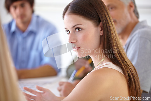 Image of Group, meeting and woman with business people in an office for talking, planning and discussion. Agency, teamwork or professional designers working in collaboration on creative project development