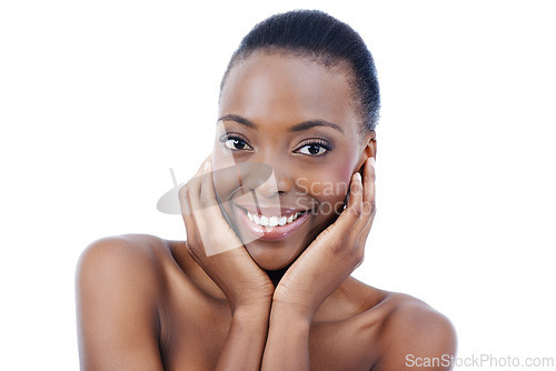 Image of Skincare, smile or hands on face of black woman in studio for wellness or glowing skin on white background. Natural, beauty or portrait of happy female model with dermatology, shine or cosmetic space