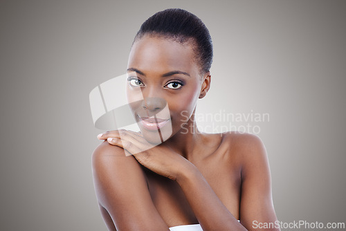 Image of Skincare, cosmetics and portrait of black woman in studio with smile, natural makeup or facial glow. Beauty, dermatology and face of happy girl on white background for healthy skin, shine or wellness